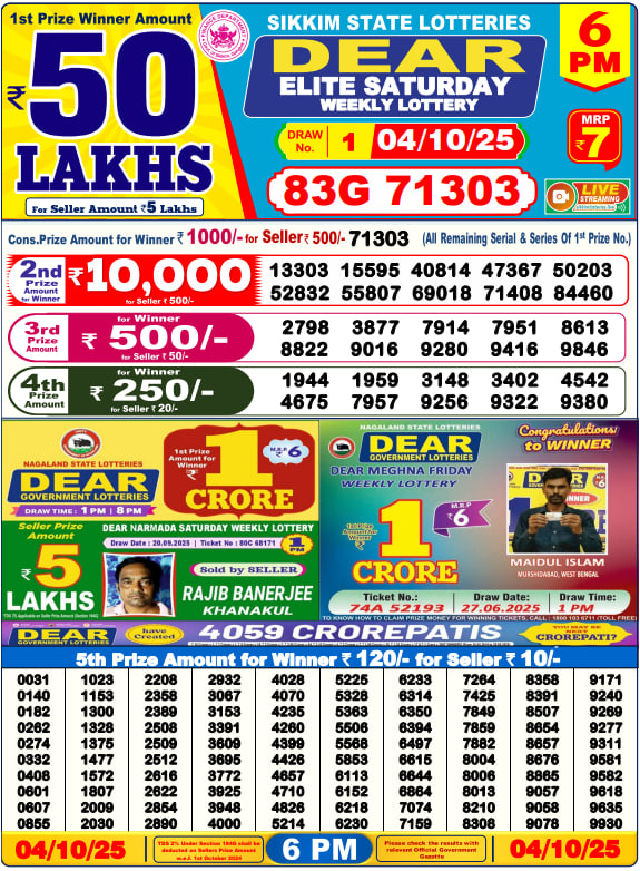 Dear Lottery Result Today(04-10-2025) | 6 PM