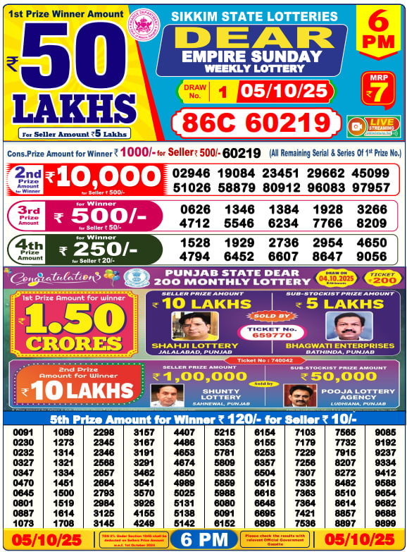Dear Lottery Result Today(05-10-2025) | 6 PM