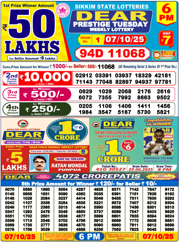 Dear Lottery Result Today(07-10-2025) | 6 PM