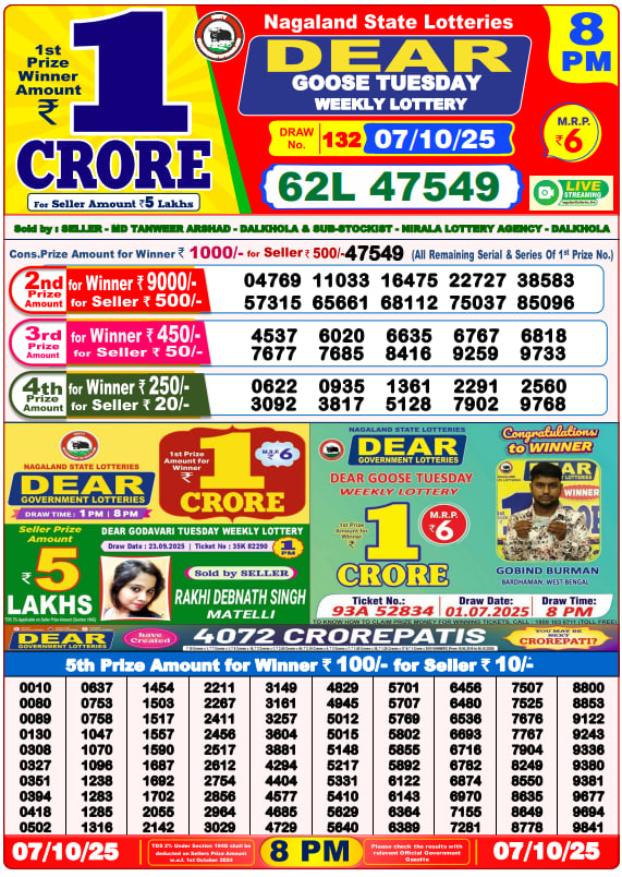 Dear Lottery Result Today(07-10-2025) | 8 PM