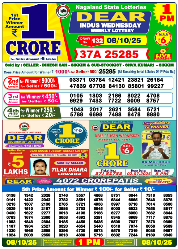 Dear Lottery Result Today(08-10-2025) | 1 PM