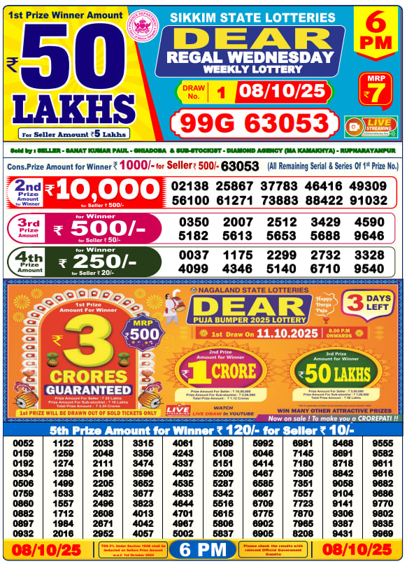 Dear Lottery Result Today(08-10-2025) | 6 PM