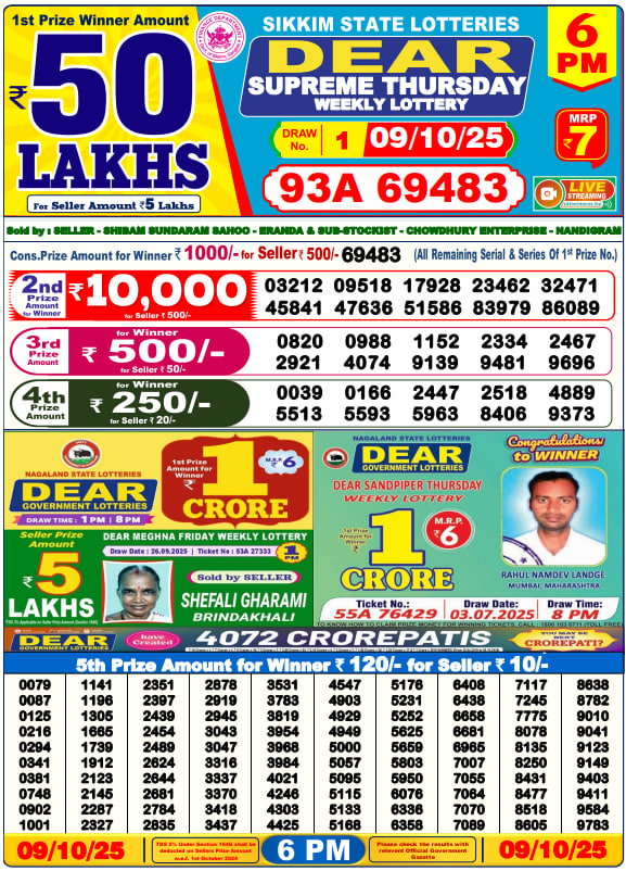 Dear Lottery Result Today(09-10-2025) | 6 PM