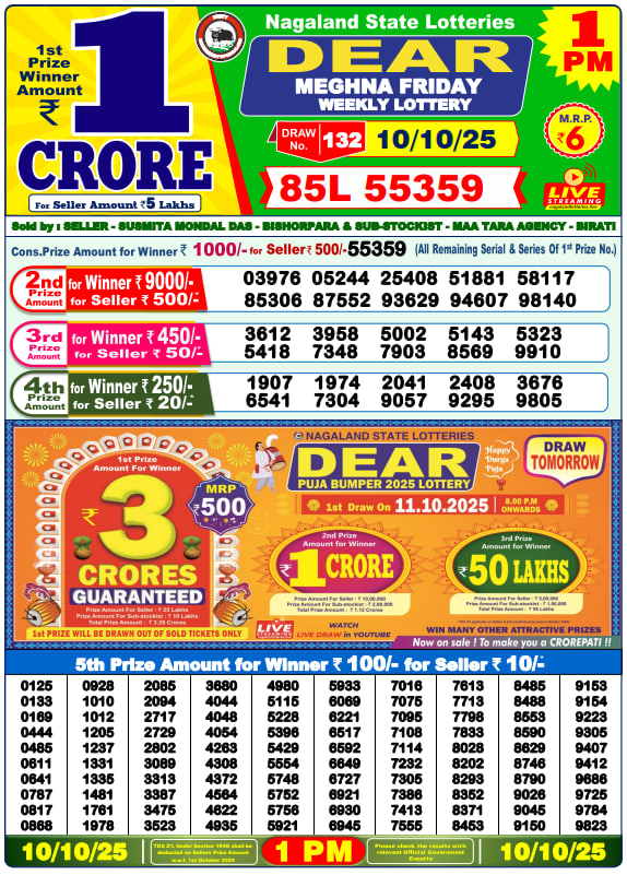 Dear Lottery Result Today(10-10-2025) | 1 PM