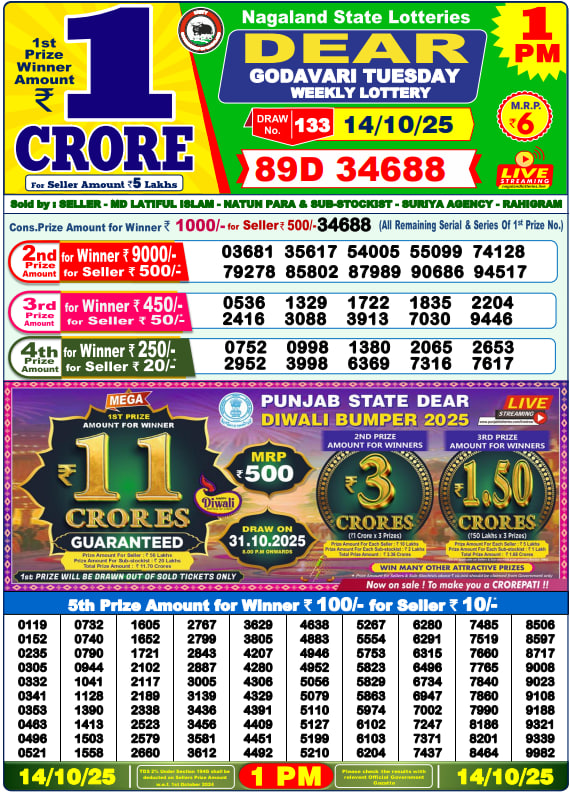 Dear Lottery Result Today(14-10-2025) | 1 PM