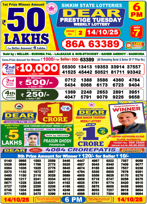 Dear Lottery Result Today(14-10-2025) | 6 PM