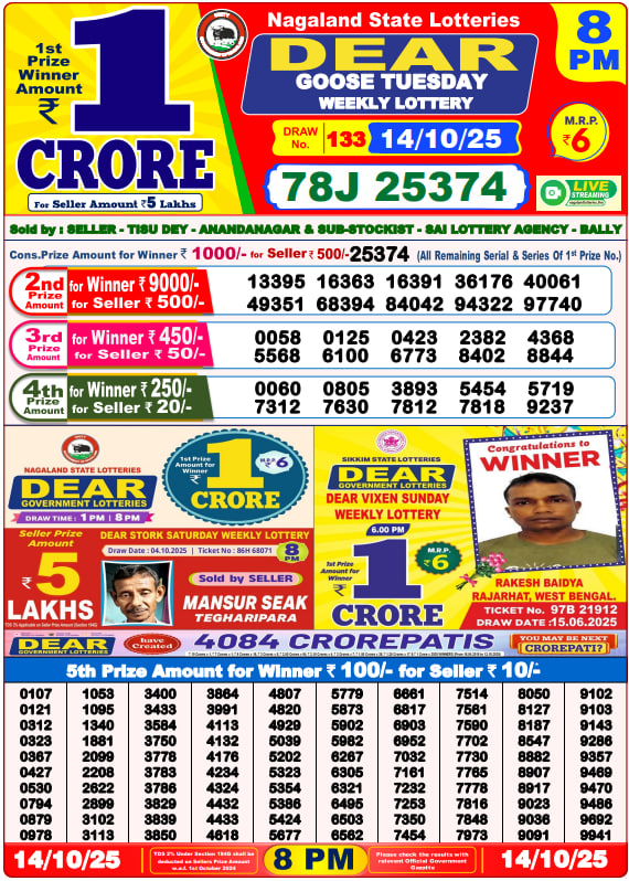 Dear Lottery Result Today(14-10-2025) | 8 PM
