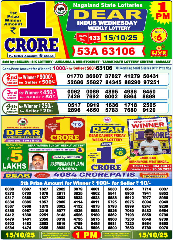 Dear Lottery Result Today(15-10-2025) | 1 PM