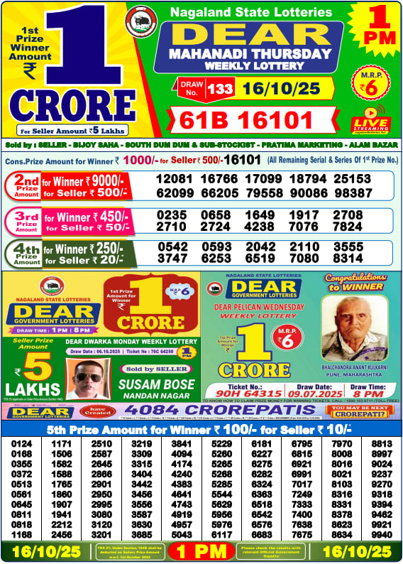 Dear Lottery Result Today(16-10-2025) | 1 PM