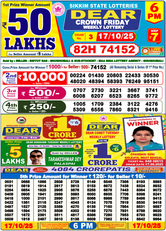 Dear Lottery Result Today(17-10-2025) | 6 PM