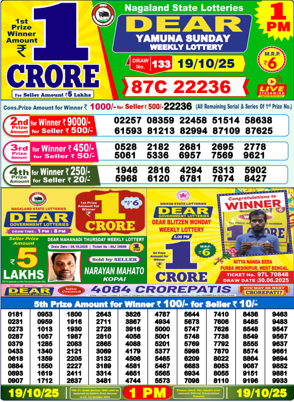Dear Lottery Result Today(19-10-2025) | 1 PM