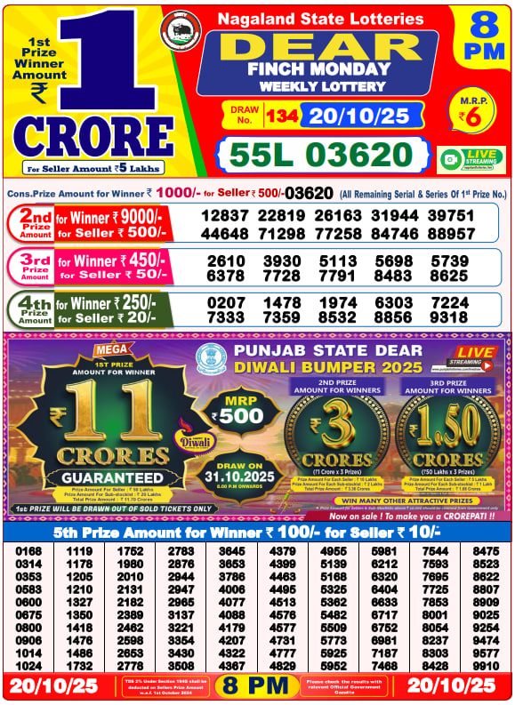 Dear Lottery Result Today(20-10-2025) | 8 PM