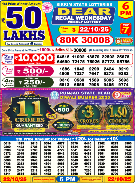 Dear Lottery Result Today(22-10-2025) | 6 PM