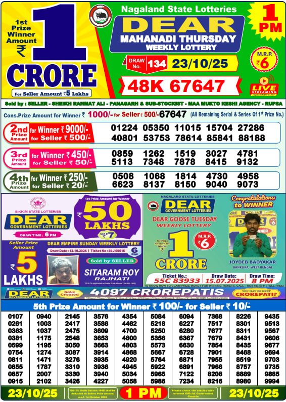 Dear Lottery Result Today(23-10-2025) | 1 PM
