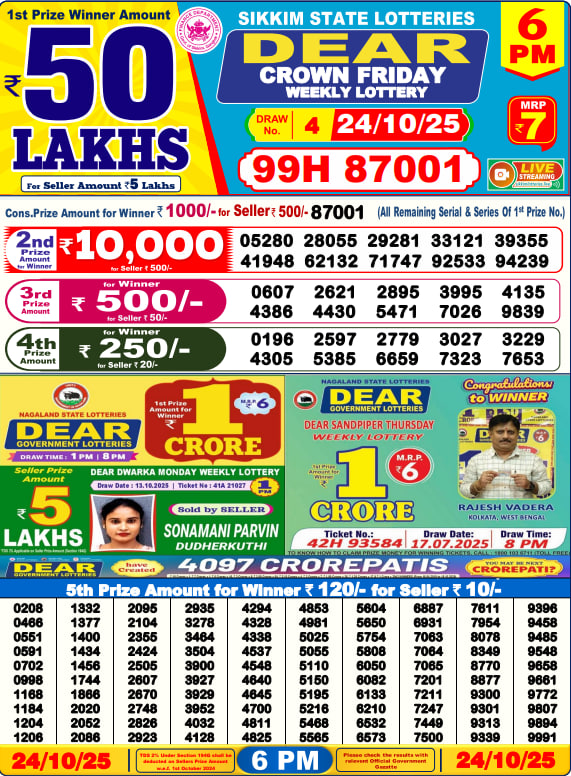 Dear Lottery Result Today(24-10-2025) | 6 PM