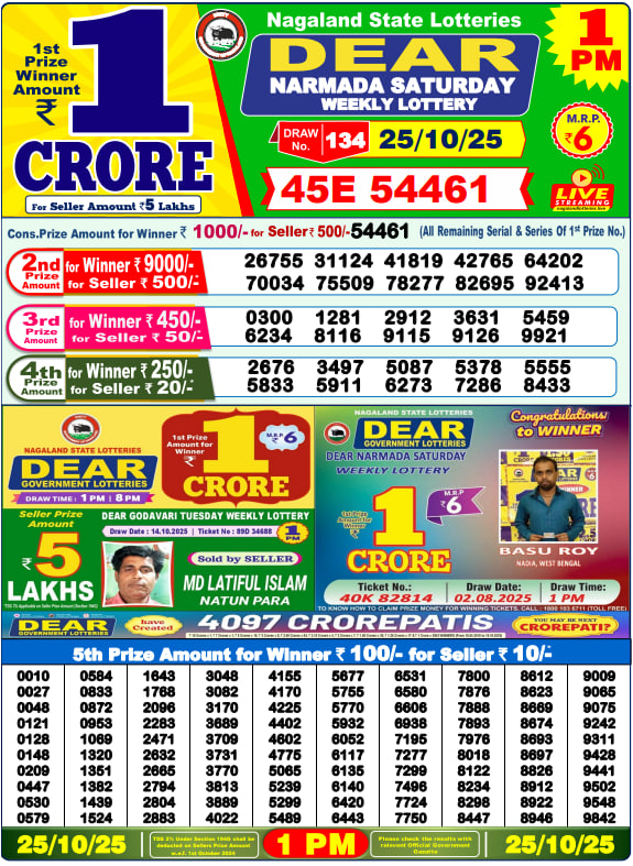 Dear Lottery Result Today(25-10-2025) | 1 PM