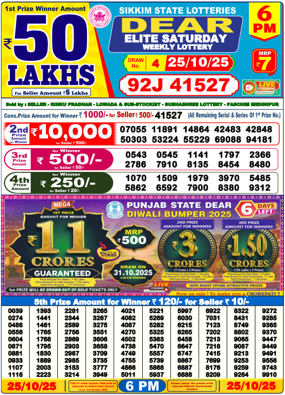 Dear Lottery Result Today(25-10-2025) | 6 PM