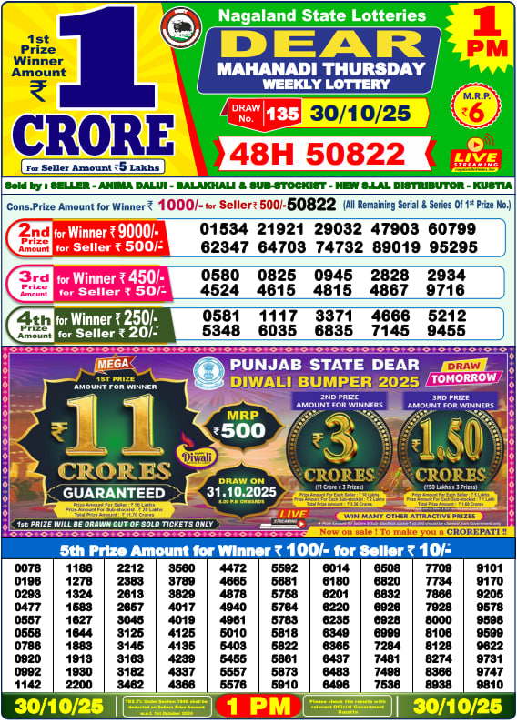 Dear Lottery Result Today(30-10-2025) | 1 PM
