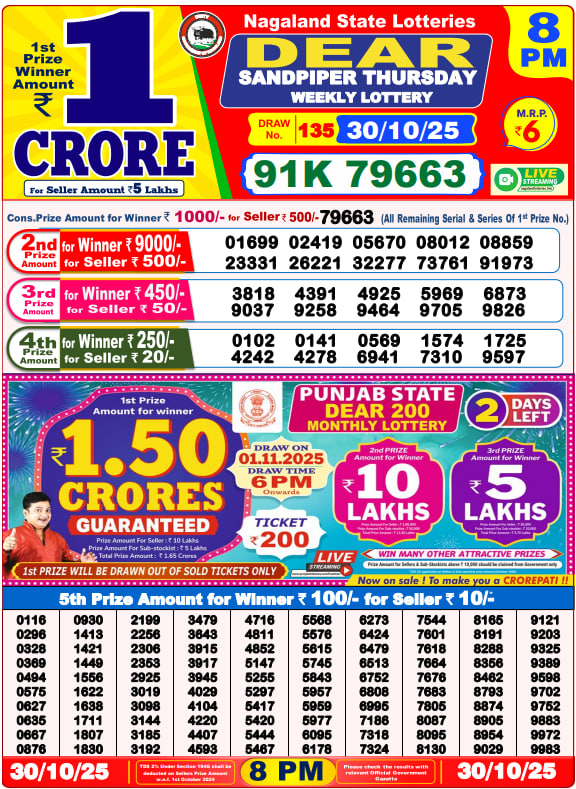 Dear Lottery Result Today(30-10-2025) | 8 PM