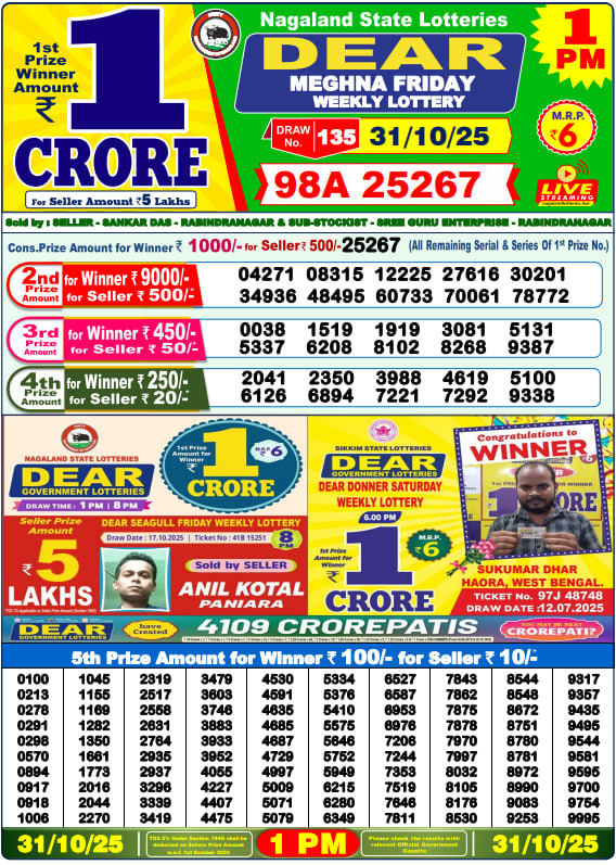 Dear Lottery Result Today(31-10-2025) | 1 PM