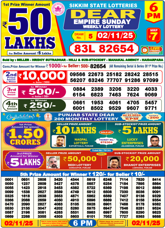 Dear Lottery Result Today(02-11-2025) | 6 PM