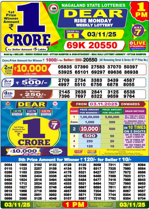 Dear Lottery Result Today(03-11-2025) | 1 PM