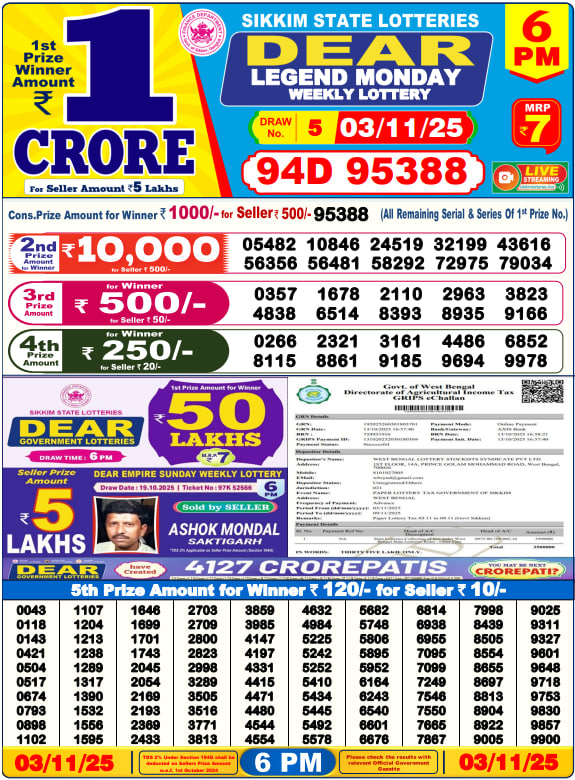 Dear Lottery Result Today(03-11-2025) | 6 PM