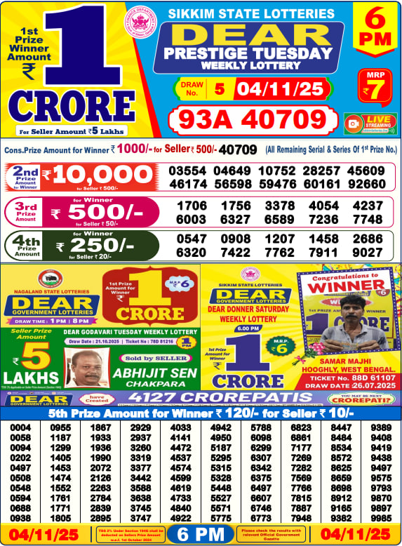 Dear Lottery Result Today(04-11-2025) | 6 PM