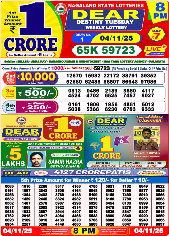 Dear Lottery Result Today(04-11-2025) | 8 PM