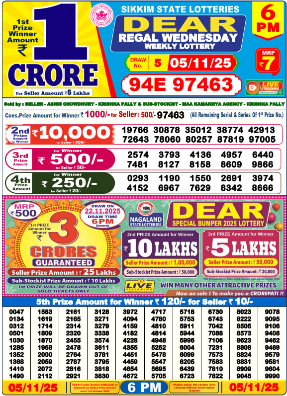 Dear Lottery Result Today(05-11-2025) | 6 PM