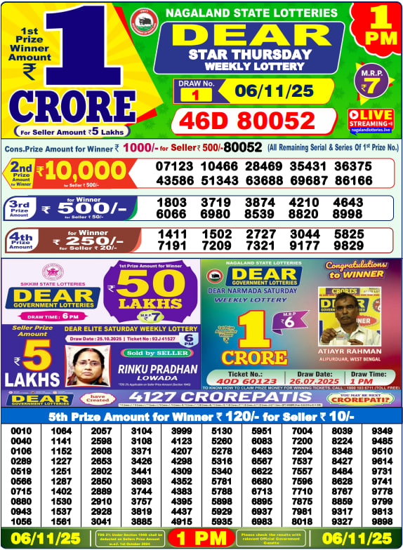 Dear Lottery Result Today(06-11-2025) | 1 PM
