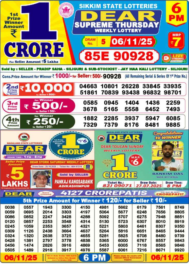 Dear Lottery Result Today(06-11-2025) | 6 PM