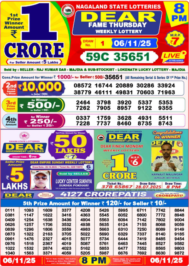 Dear Lottery Result Today(06-11-2025) | 8 PM