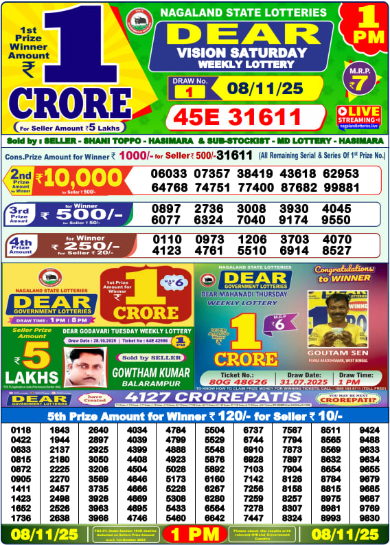 Dear Lottery Result Today(08-11-2025) | 1 PM