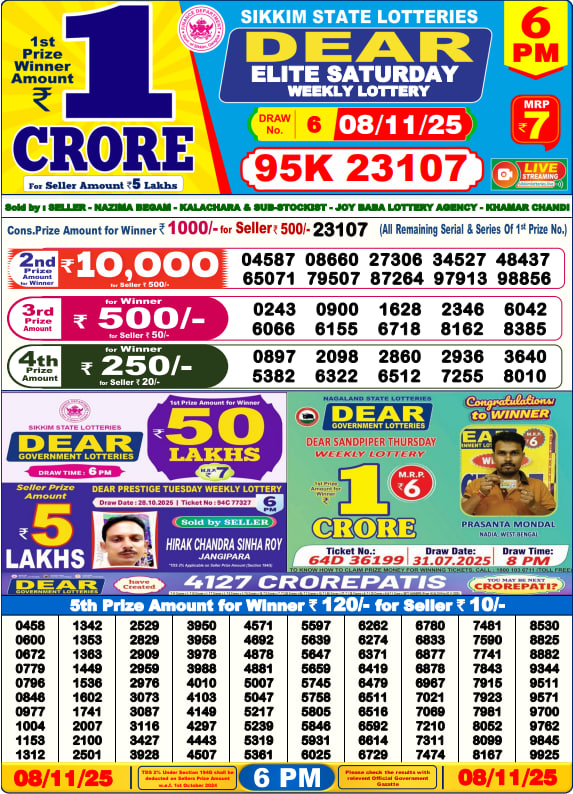 Dear Lottery Result Today(08-11-2025) | 6 PM