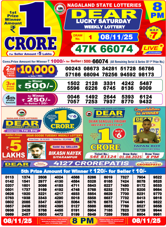 Dear Lottery Result Today(08-11-2025) | 8 PM