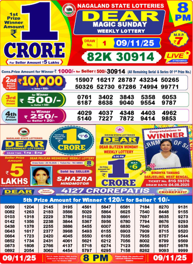 Dear Lottery Result Today(09-11-2025) | 8 PM