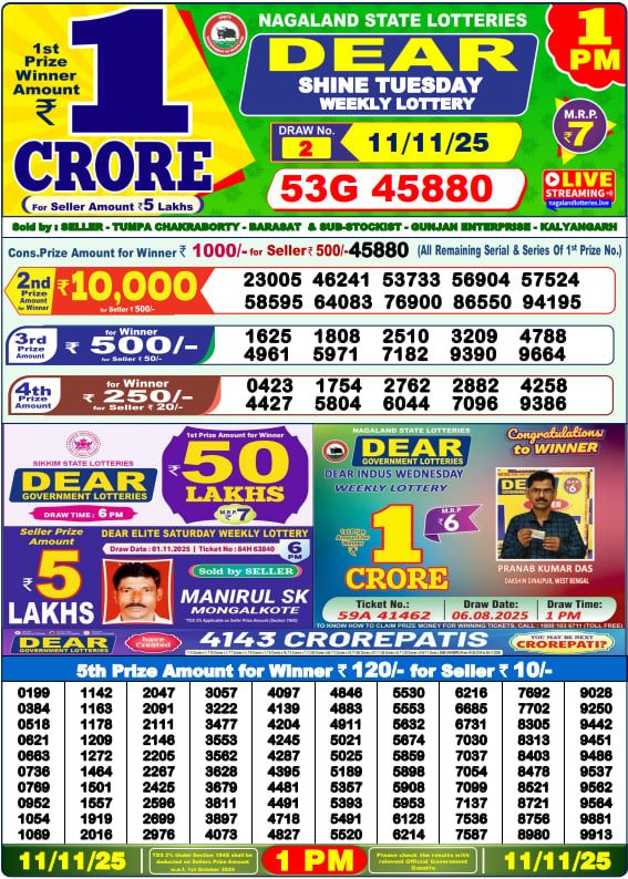 Dear Lottery Result Today(11-11-2025) | 1 PM