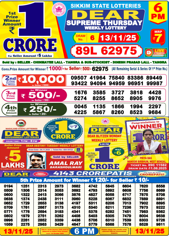 Dear Lottery Result Today(13-11-2025) | 6 PM