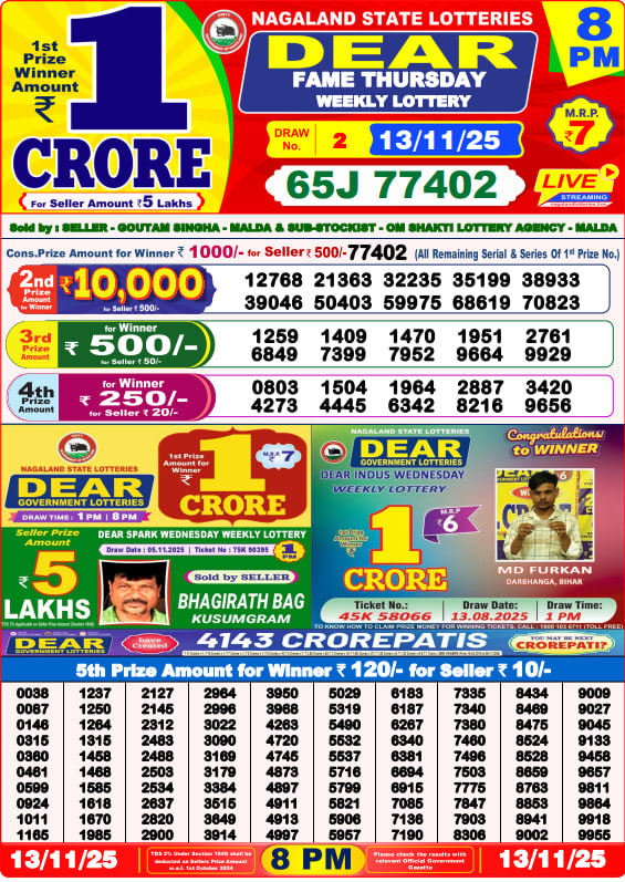 Dear Lottery Result Today(13-11-2025) | 8 PM