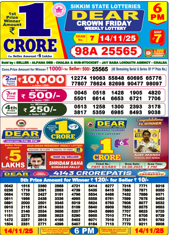 Dear Lottery Result Today(14-11-2025) | 6 PM
