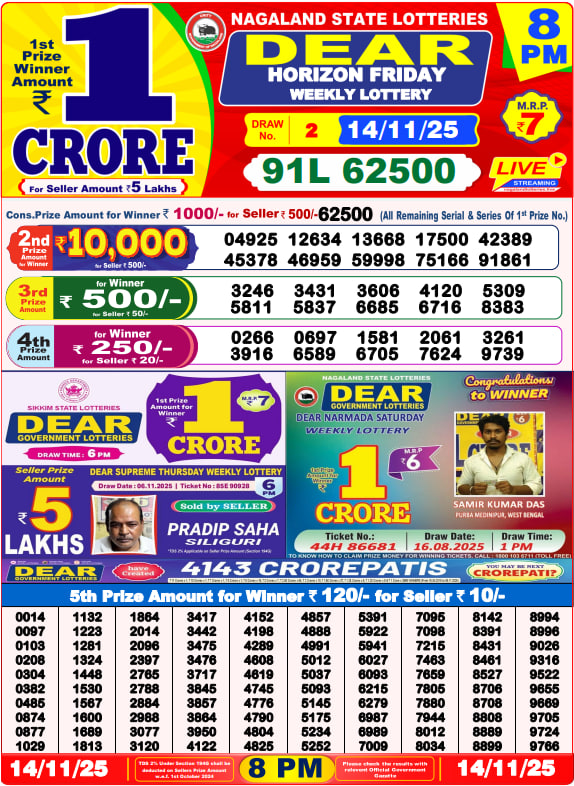 Dear Lottery Result Today(14-11-2025) | 8 PM
