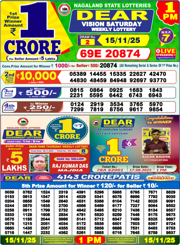 Dear Lottery Result Today(15-11-2025) | 1 PM