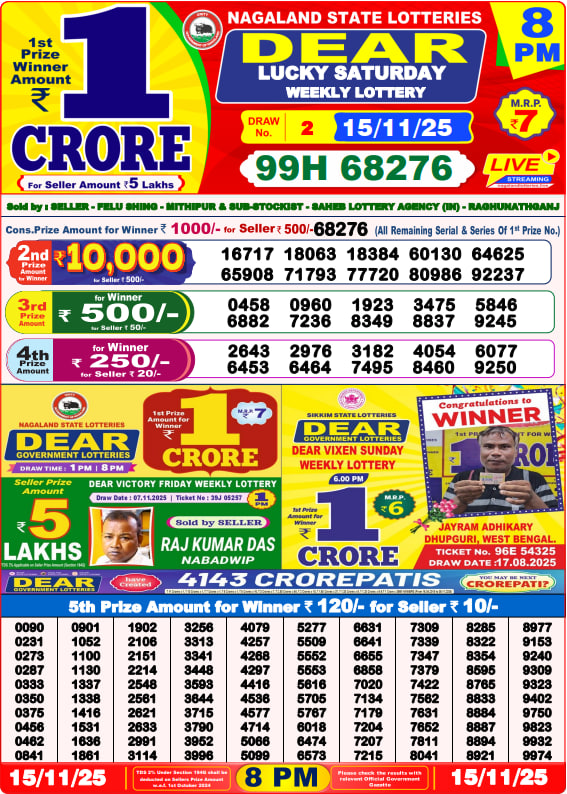Dear Lottery Result Today(15-11-2025) | 8 PM