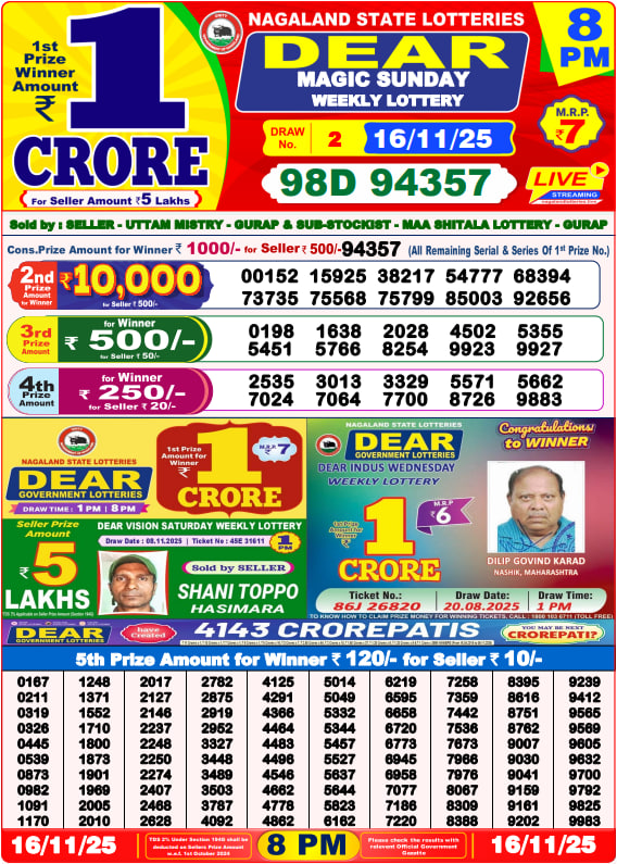 Dear Lottery Result Today(16-11-2025) | 8 PM