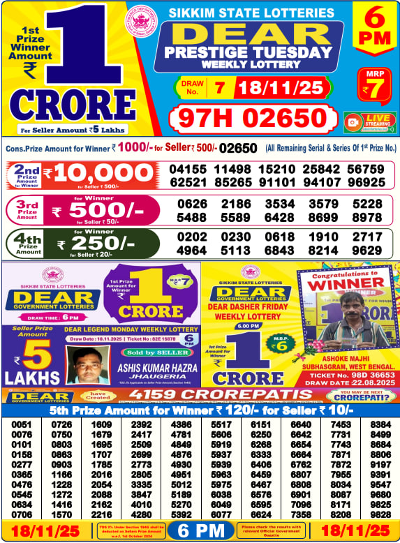 Dear Lottery Result Today(18-11-2025) | 6 PM