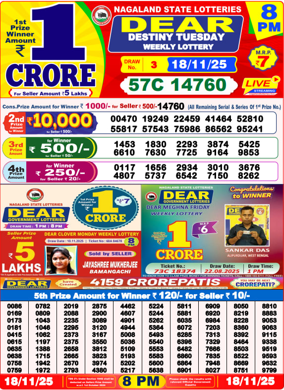 Dear Lottery Result Today(18-11-2025) | 8 PM
