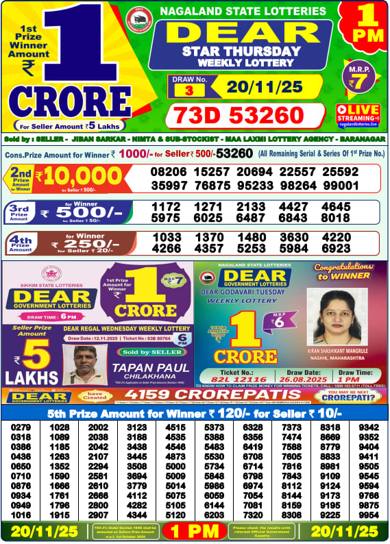 Dear Lottery Result Today(20-11-2025) | 1 PM