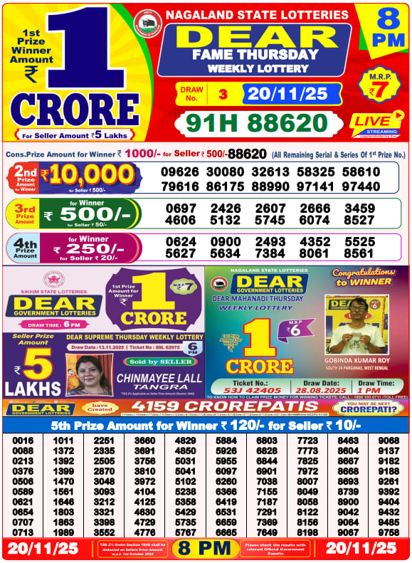 Dear Lottery Result Today(20-11-2025) | 8 PM