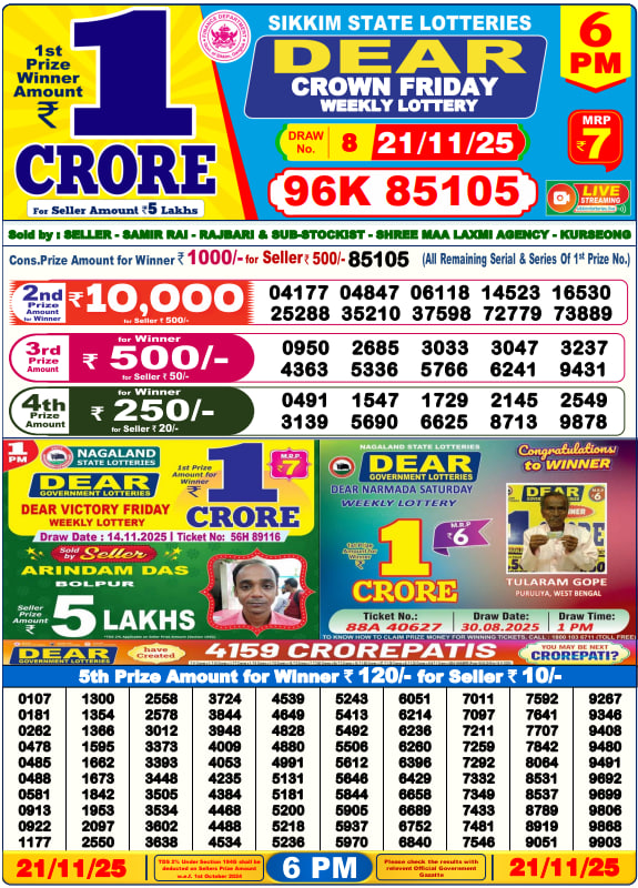 Dear Lottery Result Today(21-11-2025) | 6 PM